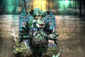 Dragon vert devant un palais bleu et un marécage