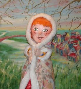 Mélodie, fillette rousse vêtue d'un manteau rose bordé de fourrure blanche, rivière et village en arrière-plan