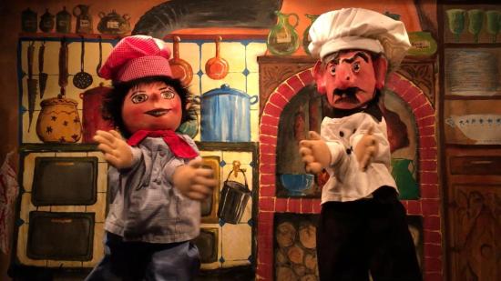 Maître Grognefour et Léon dans la cuisine