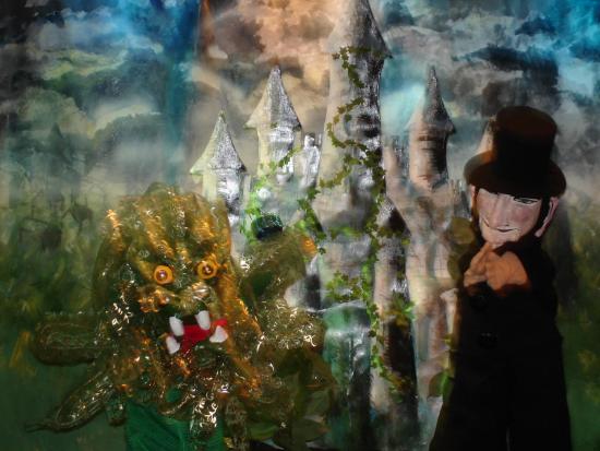 Taragoun Gossalan le magicien et son dragon devant le château abandonné du Pays des loups