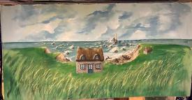 Les falaises, maison, mer, phare au loin