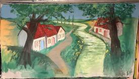 Rivière, maisons de chaque côté, arbres