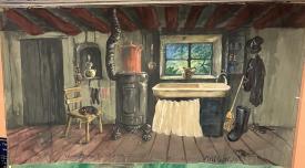 Cuisine avec poêle et toiles d'araignées sur les vitres