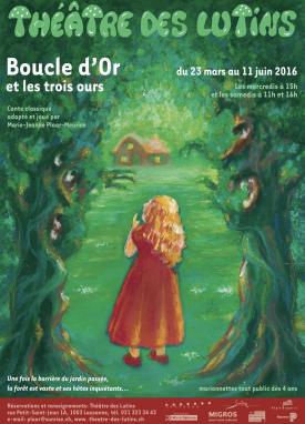 Affiche, Boucle d'Or vêtue d'une robe rouge, dans la forêt