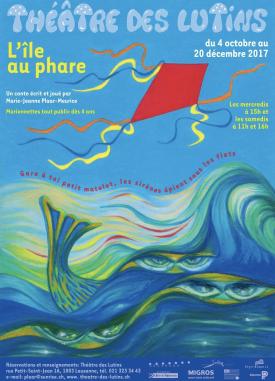 Affiche. Un cerf-volant rouge survole des vagues dans lesquelles transparaissent des yeux de sirènes