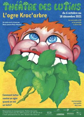 Affiche. Tête de jeune homme roux aux yeux bleus qui mange des feuilles d'arbre