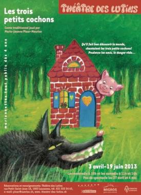 Affiche. Petit cochon dans une maison en briques au milieu de la forêt, loup au premier-plan