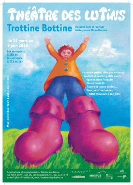 Affiche. Théo l'apprenti chaussé d'immenses bottes roses, vêtu d'un pantalon bleu et d'une casaque orange, dans un pré