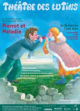 Affiche. Un garçon brun vêtu d'un pantalon, d'une veste et d'une écharpe bleus souffle dans une trompette rouge face à un fille rousse, vêtue d'une robe orange et d'un manteau rose