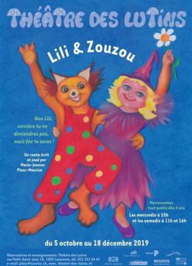Affiche. Zouzou vêtu d'une salopette rouge à pois et Lilia vêtue d'une robe violette et d'un tutu violet