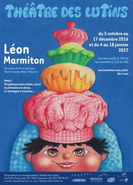 Affiche. Tête d'enfant brun aux yeux bruns, coiffé d'une toque de cuisinier rose surmontée de gâteaux, sur fond bleu
