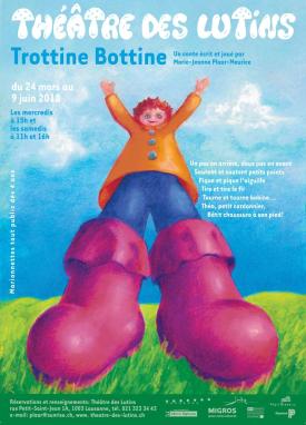 Affiche. Théo l'apprenti chaussé d'immenses bottes roses, vêtu d'un pantalon bleu et d'une casaque orange, dans un pré