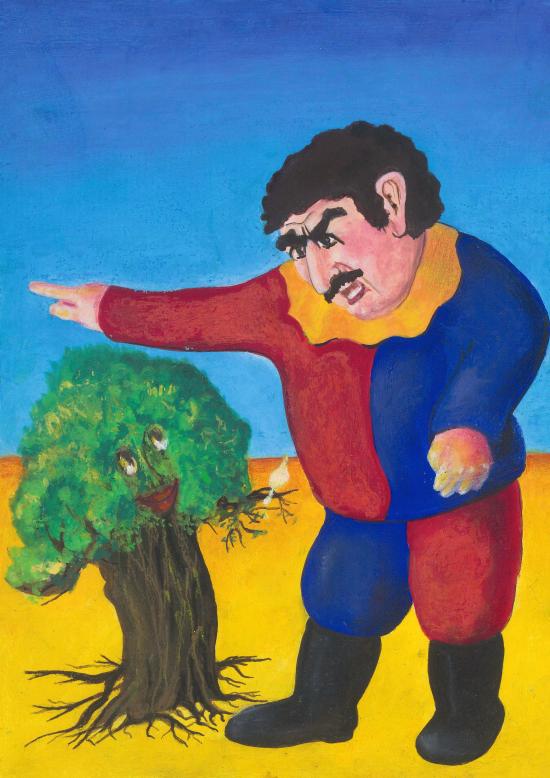 le roi et un arbre souriant, ciel bleu et sol jaune