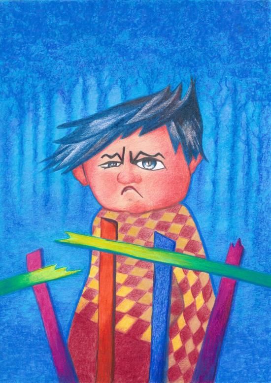 Dessin original de l'affiche; Jeune homme boudeur devant une barrière cassée