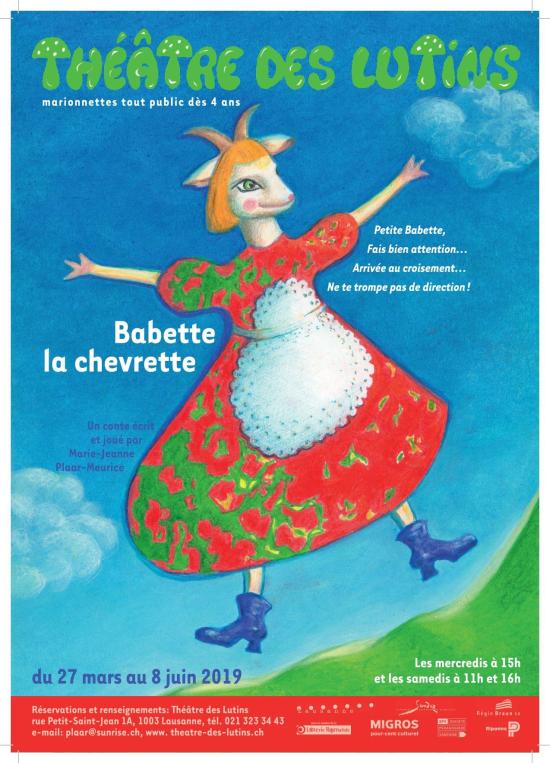 Affiche du spectacle de 2019. Chevrette rouquine aux yeux bleus, vêtue d'une robe rouge et d'un tablier blanc, sur fond de ciel bleu