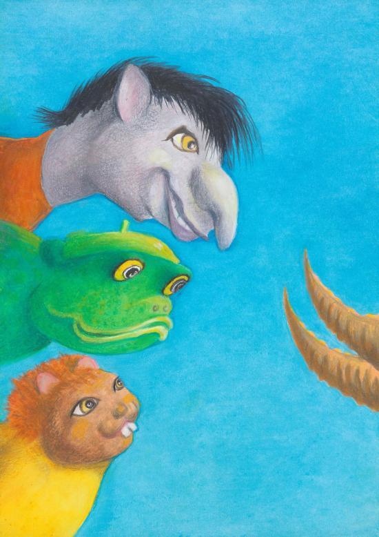 Trois têtes de garnements sur fond de ciel bleu