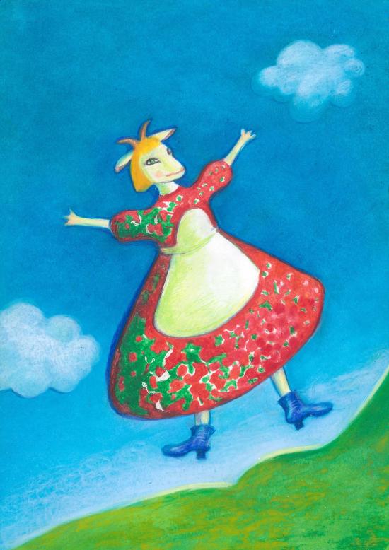 Chevrette rouquine aux yeux bleus, vêtue d'une robe rouge et d'un tablier blanc, sur fond de ciel bleu