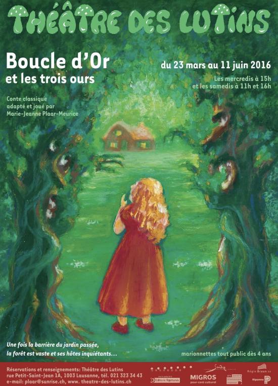 Affiche, Boucle d'Or vêtue d'une robe rouge, dans la forêt