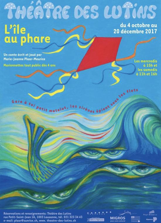 Affiche. Un cerf-volant rouge survole des vagues dans lesquelles transparaissent des yeux de sirènes