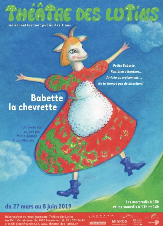Affiche du spectacle de 2019. Chevrette rouquine aux yeux bleus, vêtue d'une robe rouge et d'un tablier blanc, sur fond de ciel bleu
