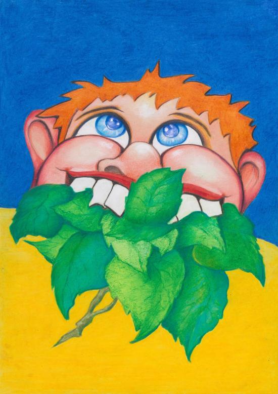 Tête de jeune homme roux aux yeux bleus qui mange des feuilles d'arbre