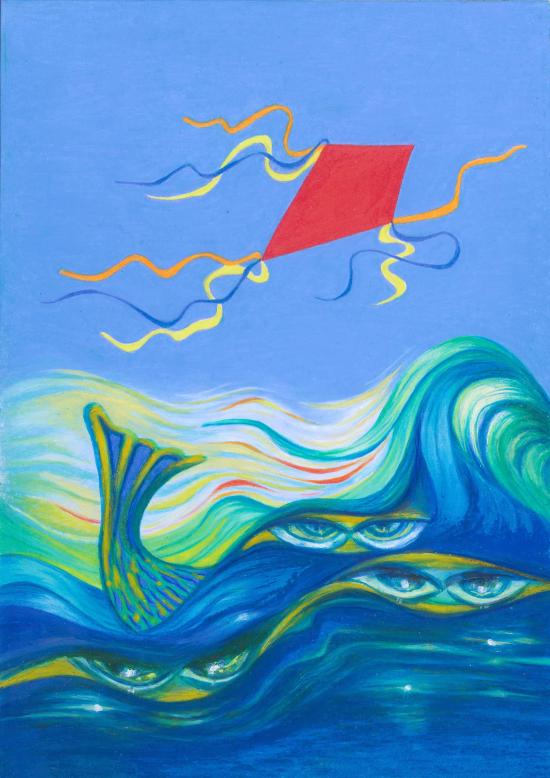 Un cerf-volant rouge survole des vagues dans lesquelles transparaissent des yeux de sirènes