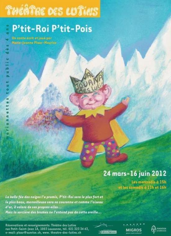 Affiche. P'tit-Roi sur une pente herbeuse, château et hautes montagnes en arrière-plan