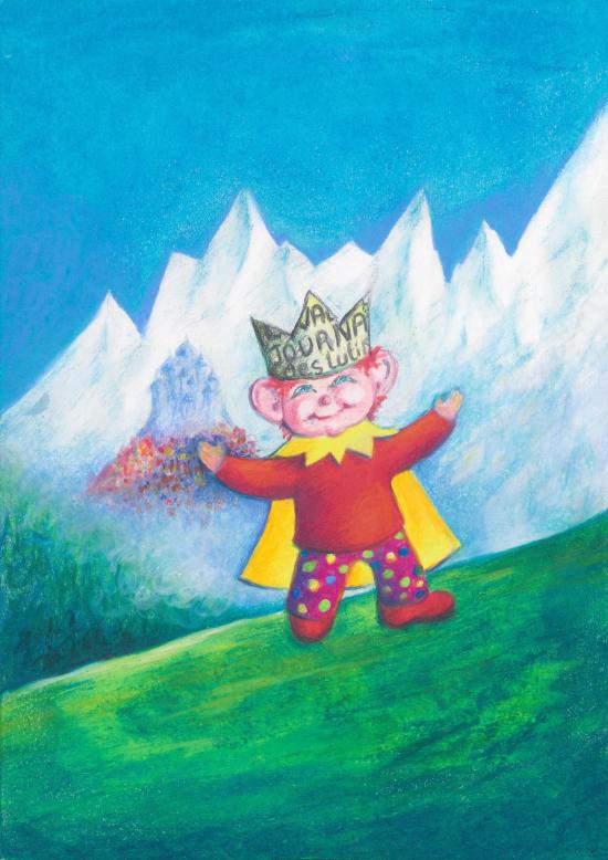 P'tit-Roi sur une pente herbeuse, château et hautes montagnes en arrière-plan