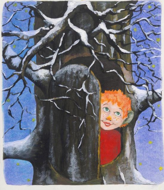 Pomme sort d'un tronc d'arbre enneigé