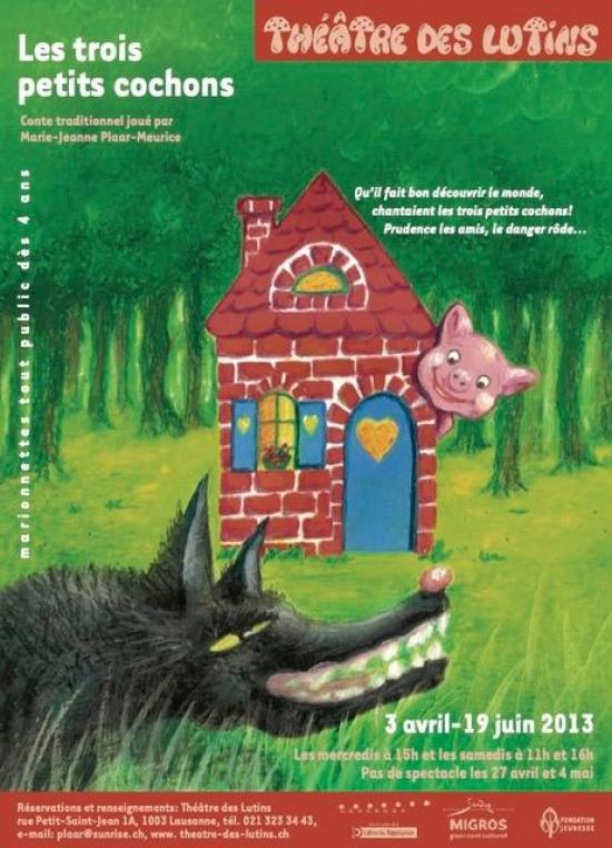 Affiche. Petit cochon dans une maison en briques au milieu de la forêt, loup au premier-plan