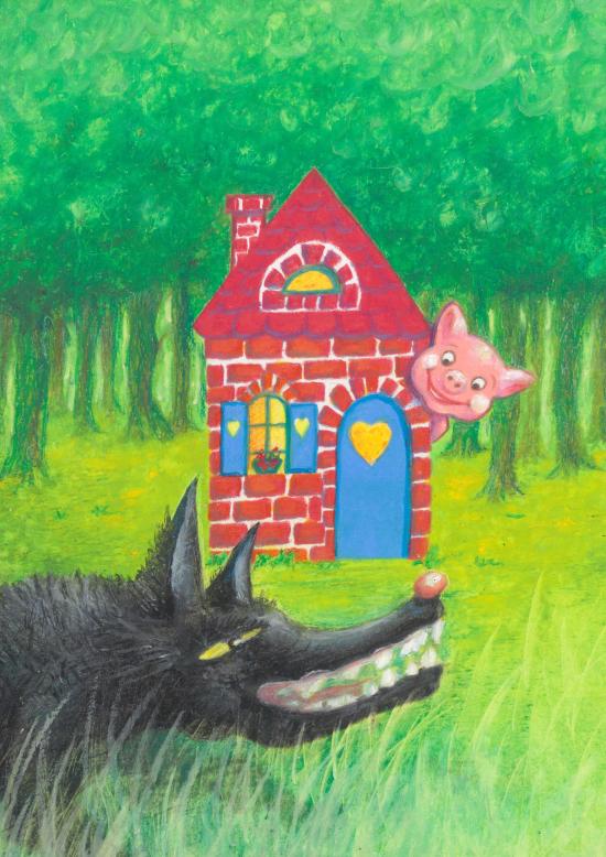 Petit cochon dans une maison en briques au milieu de la forêt, loup au premier-plan