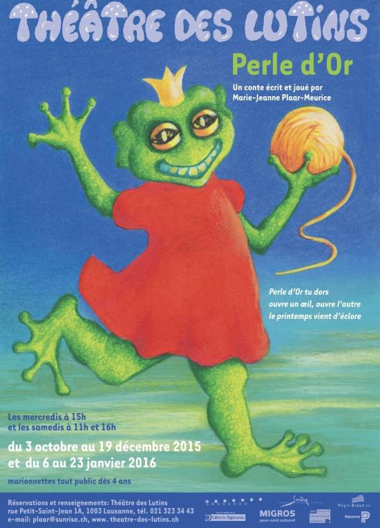 Affiche. Grenouille verte vêtue d'une robe rouge et coiffée d'une couronne d'or. Elle porte une pelote de laine jaune