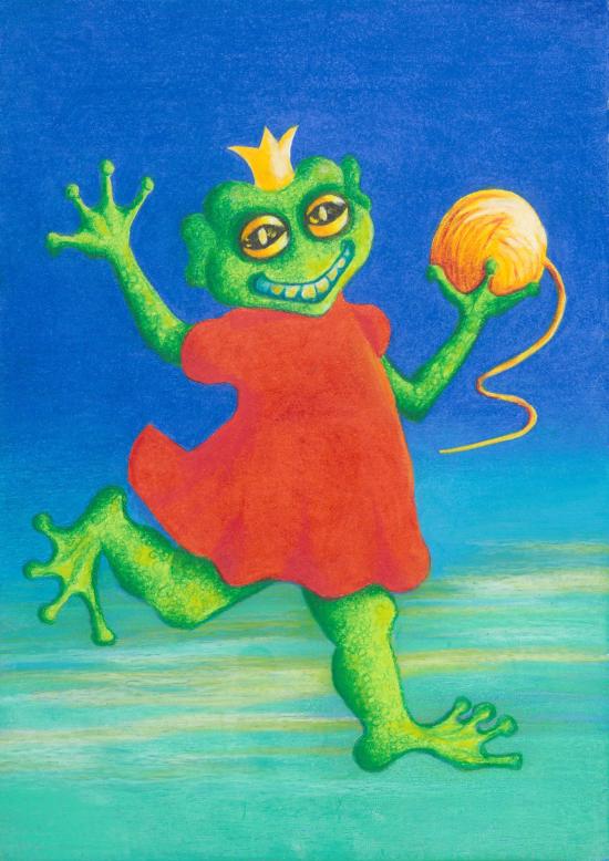Grenouille verte vêtue d'une robe rouge et coiffée d'une couronne d'or. Elle porte une pelote de laine jaune