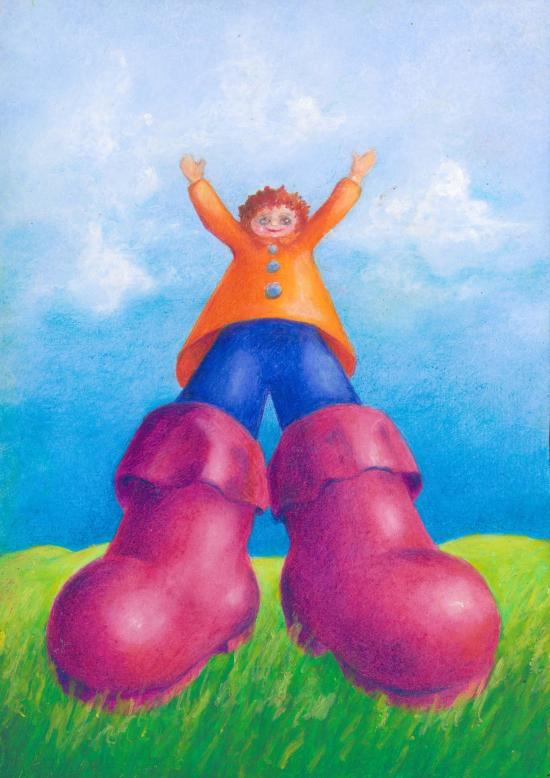 Théo l'apprenti chaussé d'immenses bottes roses, vêtu d'un pantalon bleu et d'une casaque orange, dans un pré