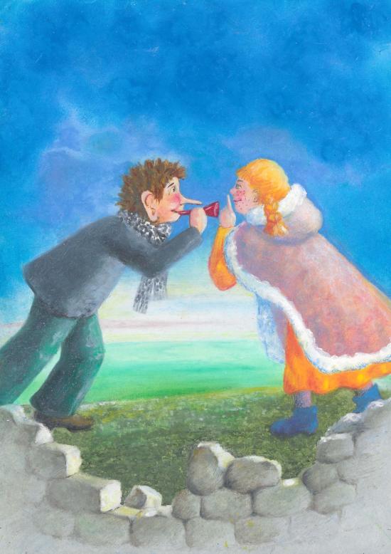 Un garçon brun vêtu d'un pantalon, d'une veste et d'une écharpe bleus souffle dans une trompette rouge face à un fille rousse, vêtue d'une robe orange et d'un manteau rose