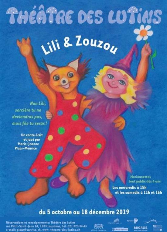 Affiche. Zouzou vêtu d'une salopette rouge à pois et Lilia vêtue d'une robe violette et d'un tutu violet