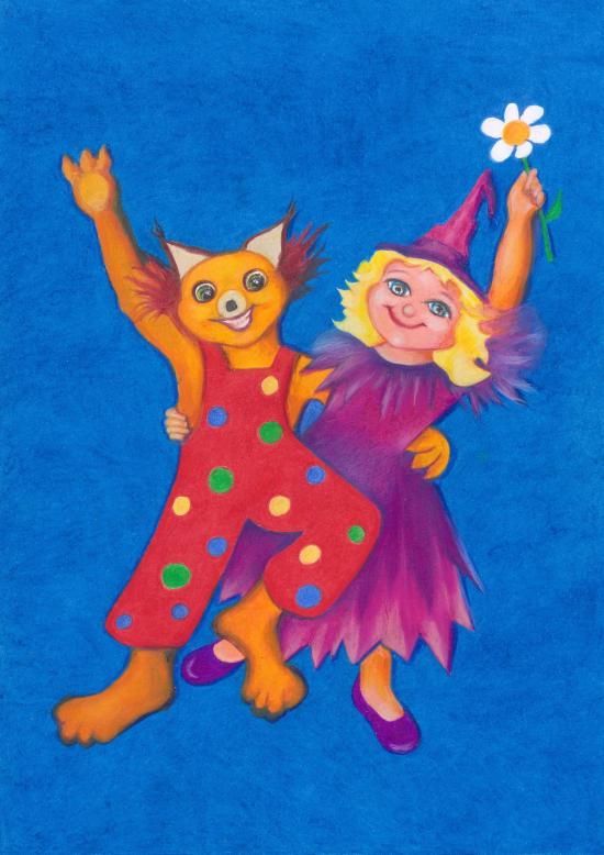 Zouzou vêtu d'une salopette rouge à pois et Lilia vêtue d'une robe violette et d'un tutu violet