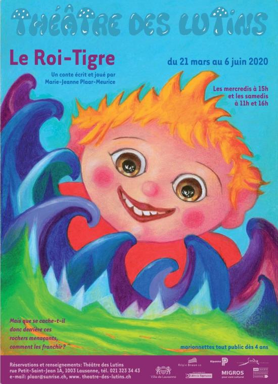 Affiche. Tête d'enfant roux aux yeux bruns, souriant, derrière des vagues et sur fond de ciel bleu