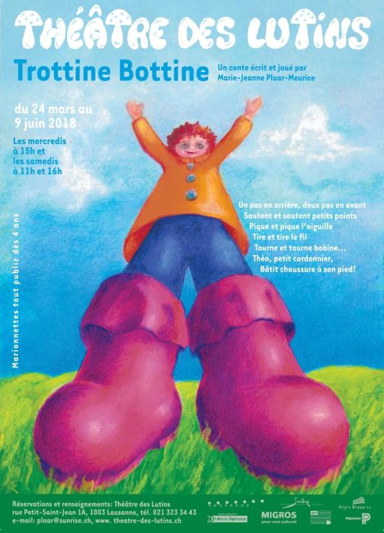 Affiche. Théo l'apprenti chaussé d'immenses bottes roses, vêtu d'un pantalon bleu et d'une casaque orange, dans un pré